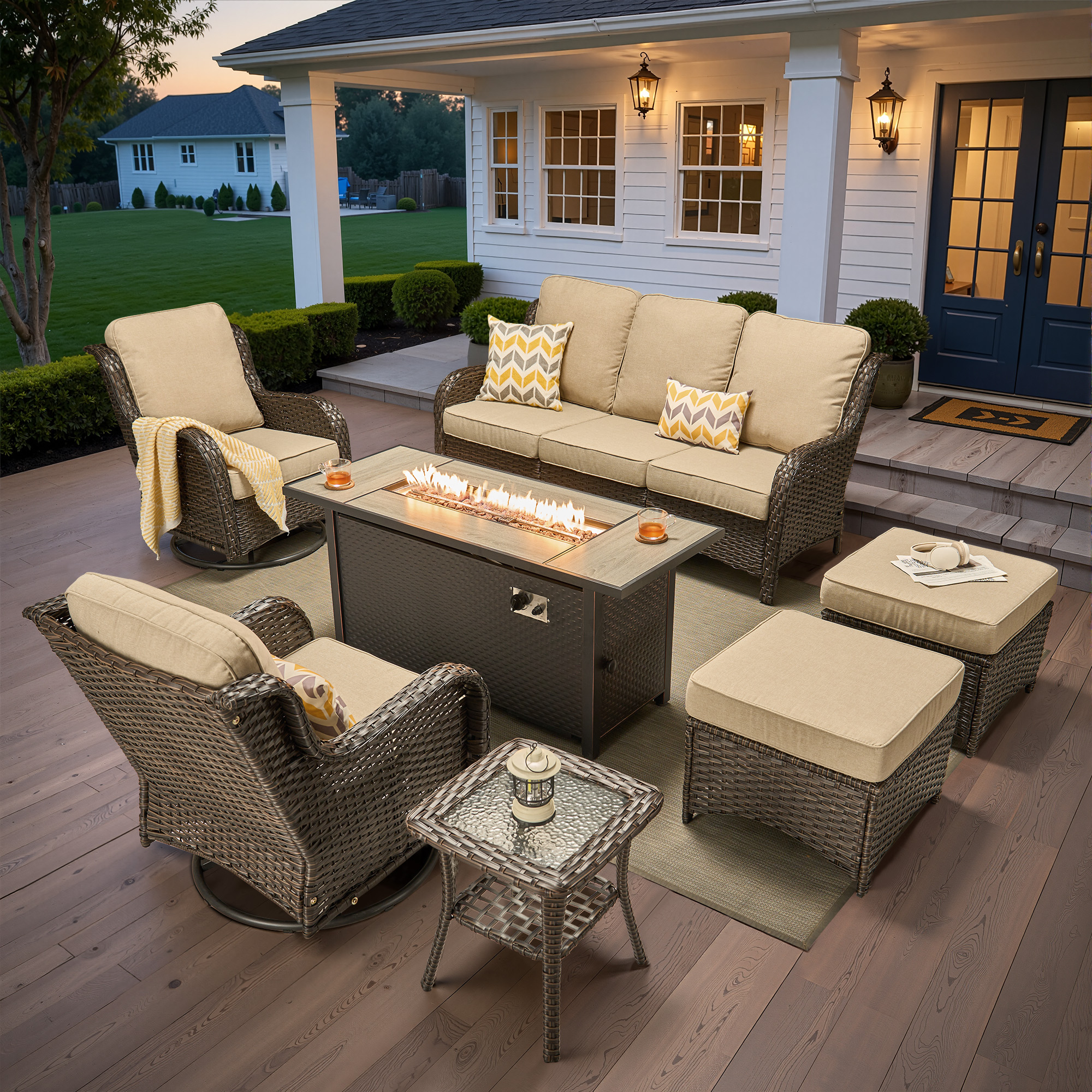 Ovios 7 Piece Outdoor Patio Furniture Set All-Weather Wicker Rattan Conversation Set with High Back Swivel Chairs & Propane Fire Pit Table, Beige