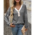 thumbnail image 3 of Women's Casual Loose V-Neck Striped Button Black Pullover Sweatshirt,Spring/Autumn/Winter,S-2XL, 3 of 6