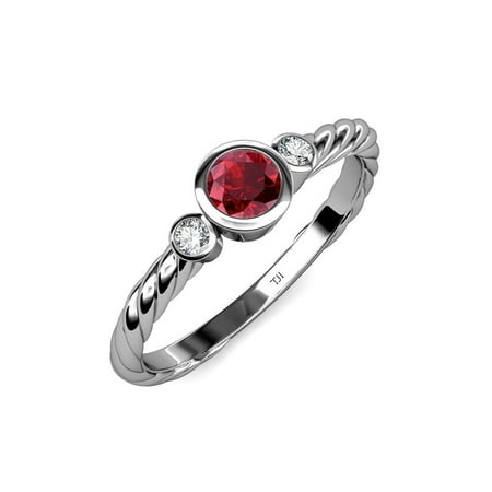 

Ruby and Diamond (SI2-I1 G-H) Three Stone Rope Ring 0.73 ct tw in 14K White Gold.size 6.0