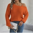 thumbnail image 6 of Duoif Sweaters for Women Trendy Women's Fall/Winter Casual Metal Buckle Spliced Off The Shoulder Sleeve Pullover Sweater Women's Sweaters Womens Tops Orange S, 6 of 8