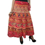 Mogul Womens Red Ethnic Printed Cotton Long Maxi Beach Wrap Around Skirts