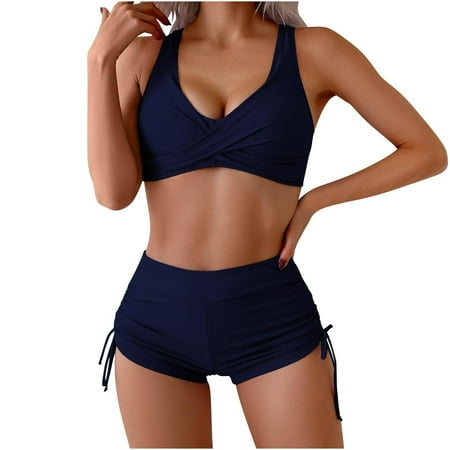 Ruimatai Womens Bikini Swimsuits Front Cross Lace Up Two Piece Bathing Suit Boyshorts Bikini Sets Surfing Beach Athletic Swimsuit