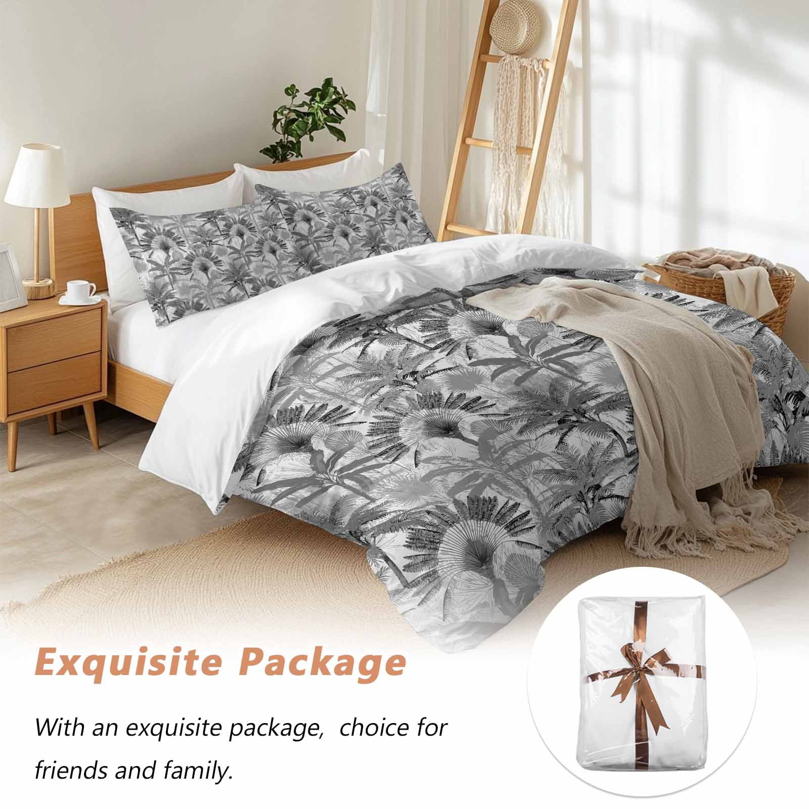 Grey Tropical Leaves Bedding 3 Piece Duvet Cover Set Full Size, Summer Palm Trees Botanical Soft Microfiber Comforter Cover with Zipper Closure & Pillowcases, Wrinkle & FadeResistant Quilt Cover