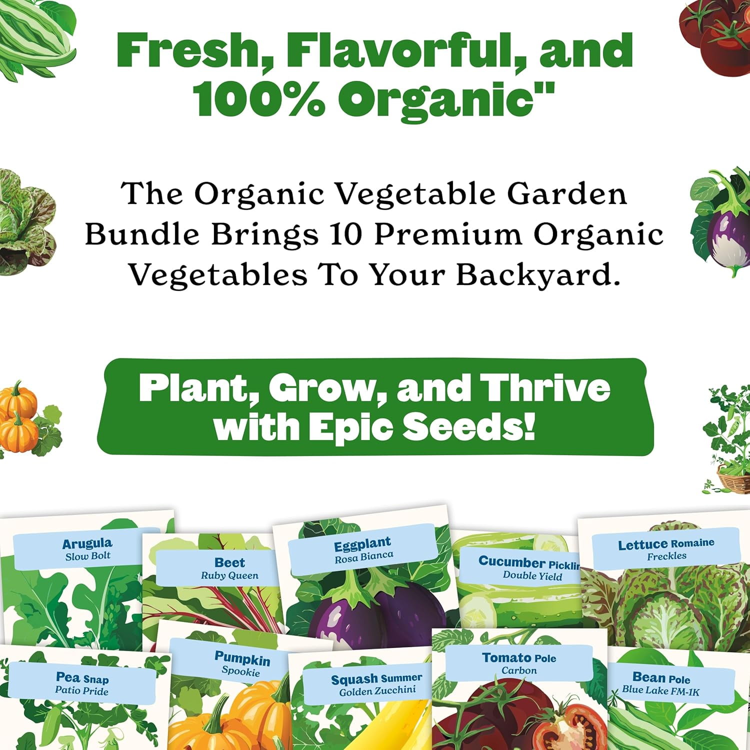 Epic Gardening Organic Vegetable Garden Kit, 10 Non-GMO Varieties, Includes Tomatoes, Squash, Pumpkins, Beans & More, Perfect for Raised Beds