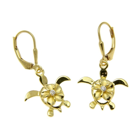 Yellow gold plated 925 sterling silver Hawaiian plumeria honu turtle leverback earrings cz