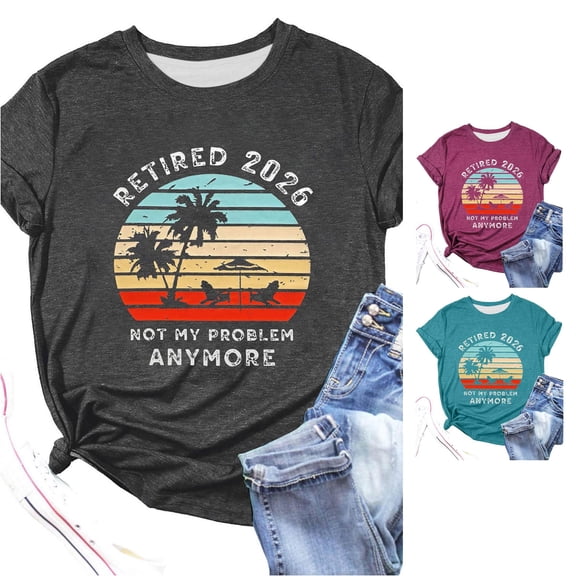 Trendfront Womens Retirement Graphic T Shirts Crewneck Short Sleeve Retired 2026 Not My Problem Anymore Vintage Sunset Graphic Casual Tee Tops