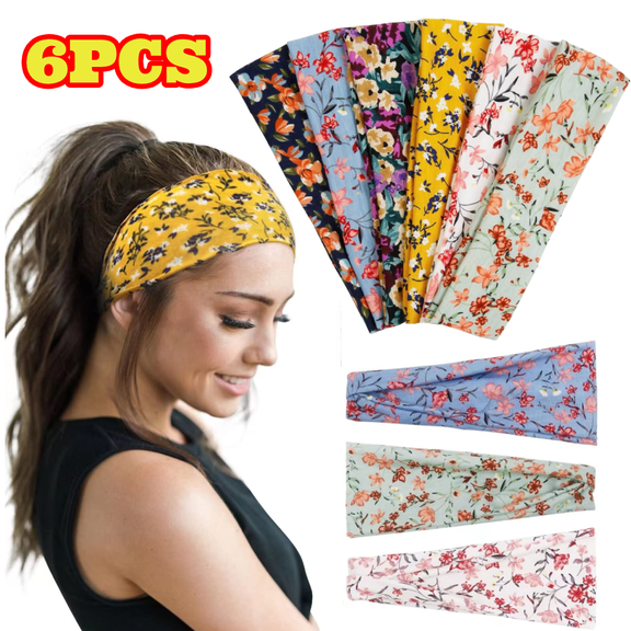 6pcs Headbands for Women, Trendy Floral Print Non Slip Head Bands Soft Fabric Hair Bands for Workout Yoga Running Sport
