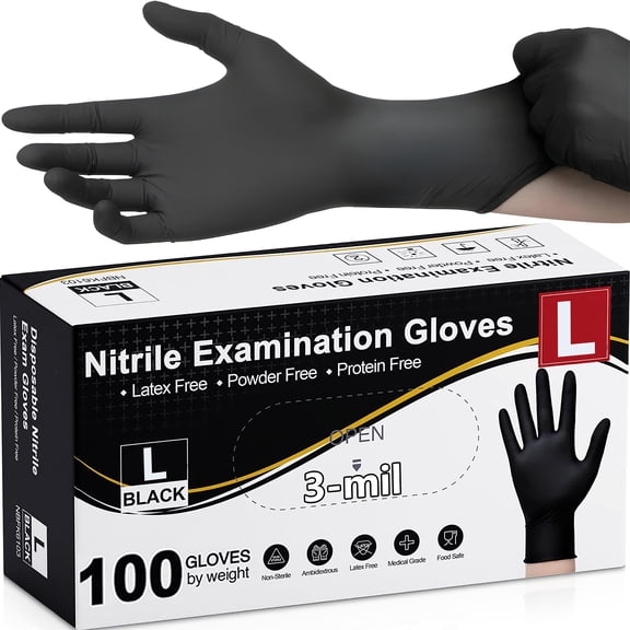 Greenpod 200PCS Vinyl Synthetic Exam Gloves, 4 Mil, Latex Free Disposable Gloves for Medical, Cooking, Cleaning, and Food Prep(L-Black)