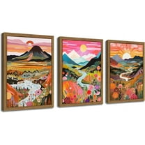 Wood Framed Boho Colorful Landscape Canvas Wall Art Set of 3 - Abstract Mountain Wall Decor Paintings, Nature Floral Poster Prints Aesthetic Home Decor for Living Room Bathroom Bedroom 12x16 inch