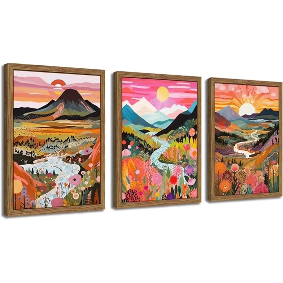 Wood Framed Boho Colorful Landscape Canvas Wall Art Set of 3 - Abstract Mountain Wall Decor Paintings, Nature Floral Poster Prints Aesthetic Home Decor for Living Room Bathroom Bedroom 12x16 inch