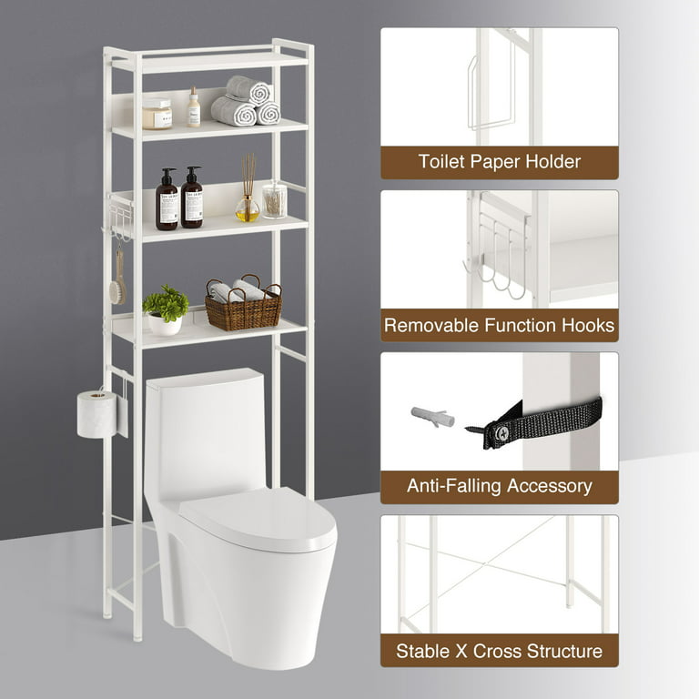 Rolanstar Over The Toilet Storage 4-Tier, Bathroom Space Saver Organizer  with Hooks, Multifunctional Metal Shelves, White 