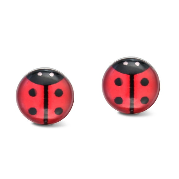 Petite Red Colored Enamel Beetle or Lady Bug .925 Sterling Silver Stud Earrings