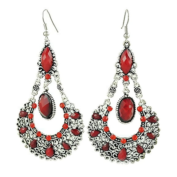 DESIGNICE Ethnic Vintage Lady Rhinestone Dangle Hook Chandelier Statement Earrings Jewelry Red