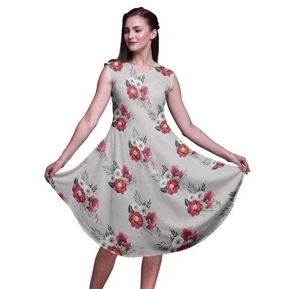 Bimba Gray Peony & Anemone Floral Printed Knee Length Ladies Sleeveless Holiday Wear Tank Dress-X-Small