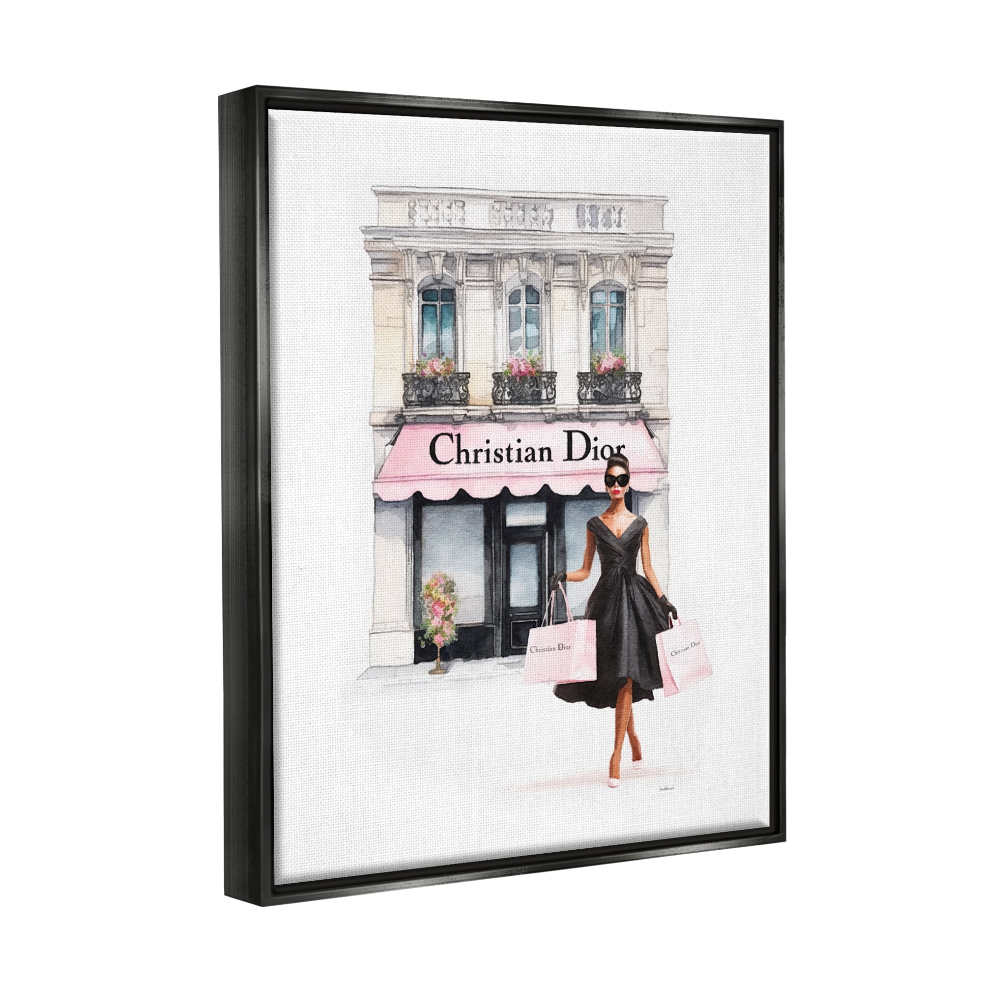 Stupell Industries Woman & Fashion Shop Town & City Painting Black Floater Framed Canvas Art Print Wall Art, 25 x 31