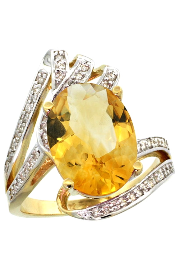 14k Yellow Gold Stone Natural Citrine Bypass Ring Diamond Accents Oval 14x10mm, size 8