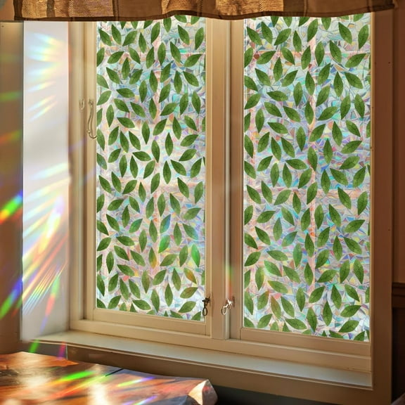39.4x17 Inch Rainbow Window Privacy Film Leaves Decorative 3D Static Leaf Stained Window Glass Cling Suncatcher Window Cover Non-Adhesive Reusable Sun Blocker Window Decals