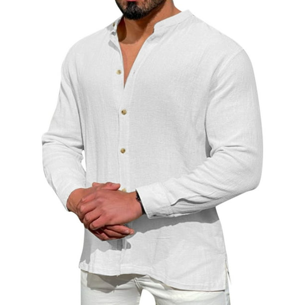 Camisas De Vestir Para Hombre 5xl Camisa holgada de talla grande informal sólida de lino y algodón de verano para hombre camisa de manga larga con cuello levantado para hombre (White, XL)