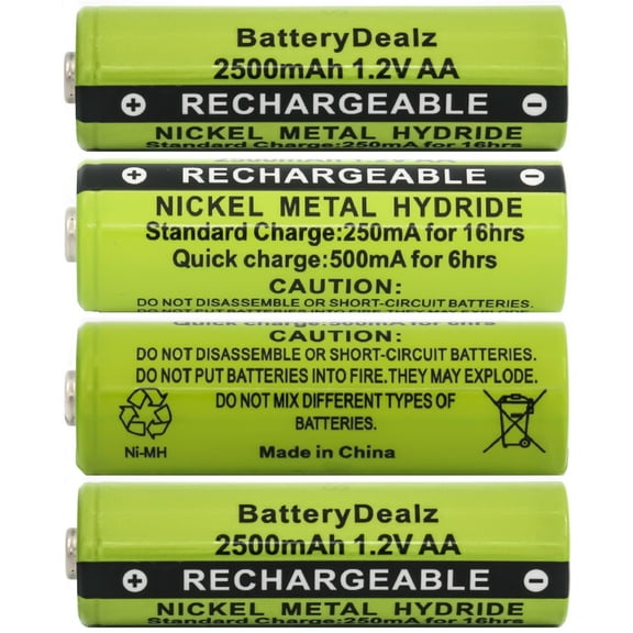 BatteryDealz Rechargeable AA NiMH High-Capacity Batteries (4-Pack), 2500 mAh, 1.2V, Rechargeable up to 500x Times