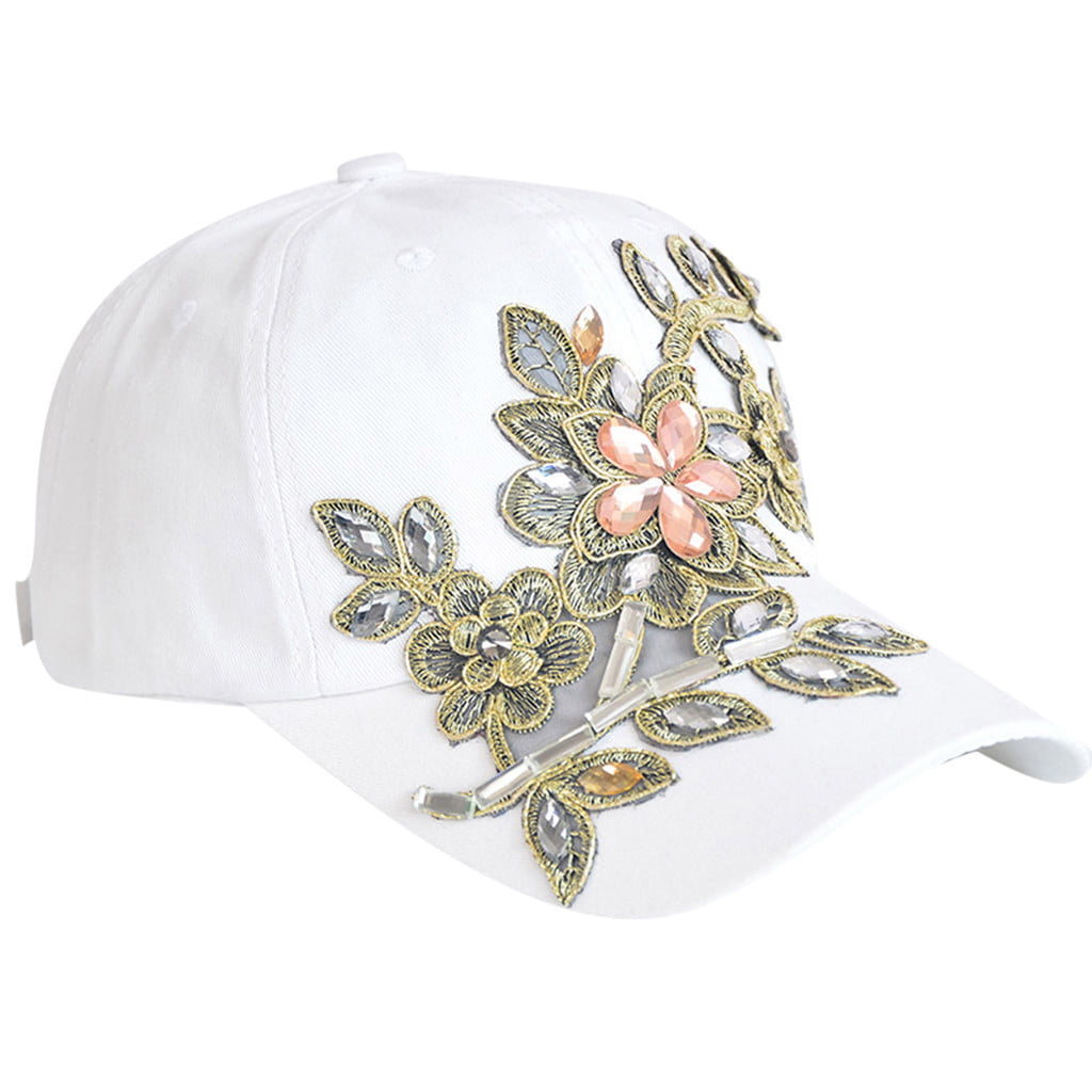 JESPER Women Men Adjustable Flower Rose Rhinestone Denim Baseball Mesh Cap Hat