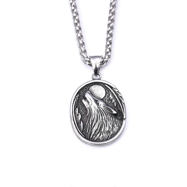 Collar con colgante de lobo de acero inoxidable de la mitología nórdica vikinga y runa de Odín, joyería para hombre