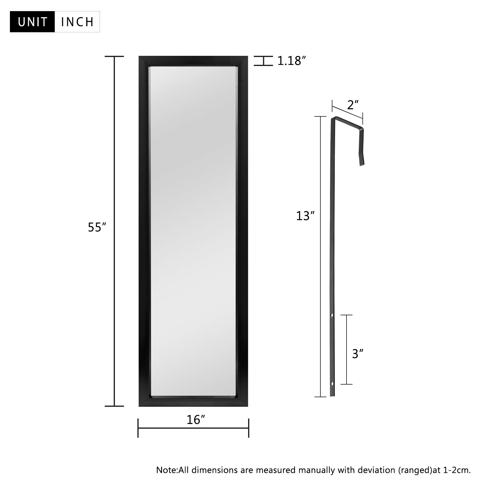 55"*16" Full Length Over The Door Mirror Hanging Mirror for Bedroom Dorm Room Black
