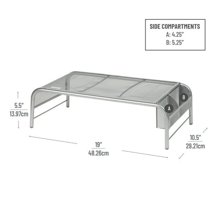 Mind Reader - Monitor Stand, Ventilated Laptop Riser, Desktop Organizer, Storage, Metal Mesh, 19"L x 10.5"W x 5.5"H - Silver