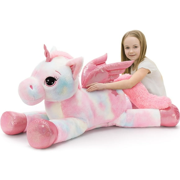 Tezituor Peluche Licorne Arc-en-Ciel Rose de 43 Pouces avec Ailes, Jouets en Peluche Licorne Géants pour Filles Enfants Garçons Femmes, Cadeaux Peluche Doux pour Val