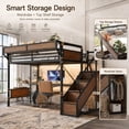 thumbnail image 3 of Leumius Full Size Metal Loft Bed with Built-in Desk & Power Outlet, LED Strip, Industrial Metal Loft Bed Frame with Pegboard & Mesh Storage Baskets, Storage Stairs with Wardrobe, Black, 3 of 9
