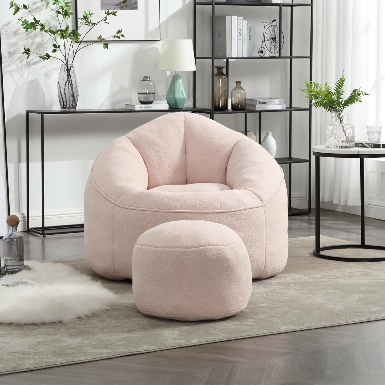 Bean Bag Chair for Adult,Microfiber Upholstered Sofa with Footstool Shell-Shaped Memory Foam Stuffed Lazy Sofa