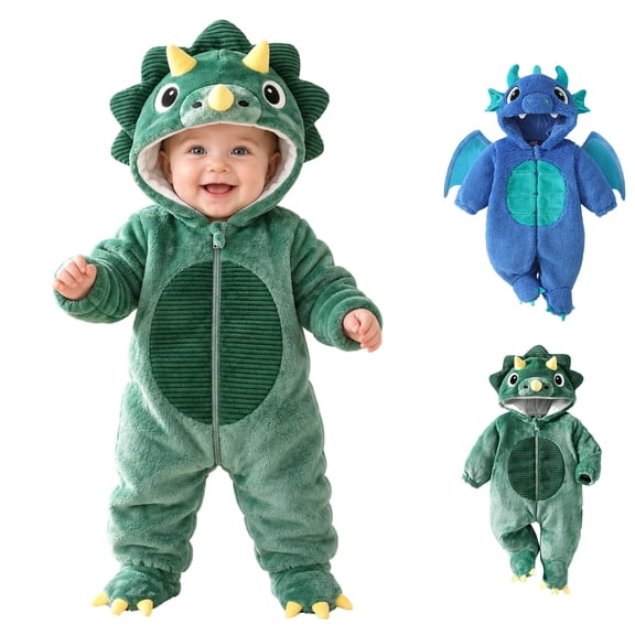 Baby Boys Warm Long Sleeve Hooded Jumpsuit Dinosaur Costume Infant Baby Clothes Halloween Party Clothes Kids Halloween Costume Size 0-12 Months