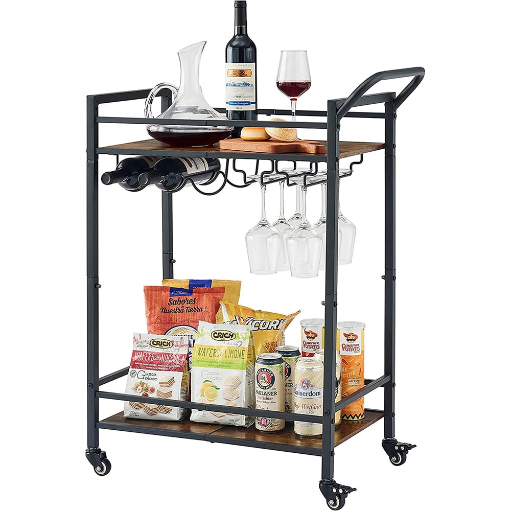 2 tier bar cart, mobile bar service cart, industrial style wine cart
