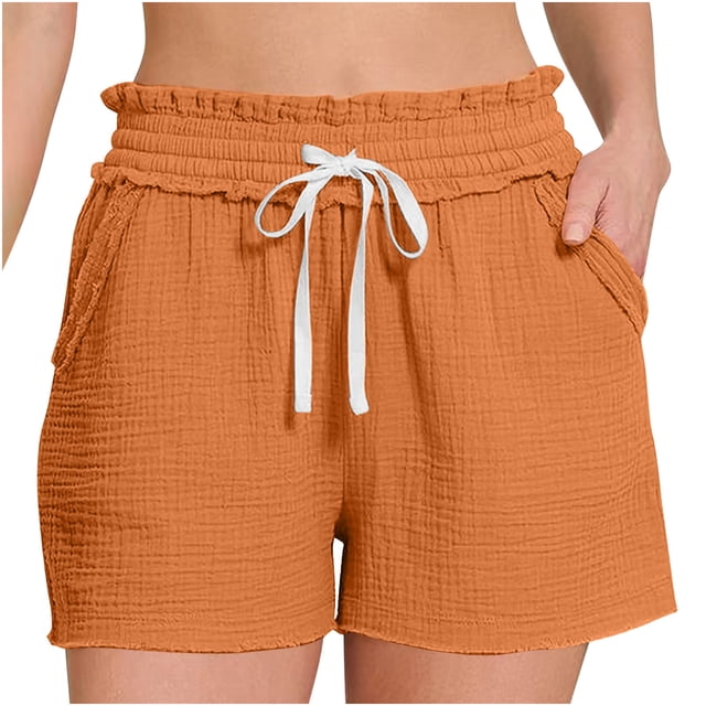 Hyknon Womens Shorts Fashion Solid Color Wrinkle Elastic Waist Drawstring Shorts Loose Fitting Soft Versatile Shorts with Pockets