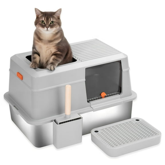 Furrbby Covered Cat Litter Boxes, Large High Side Stainless Litter Box Grey