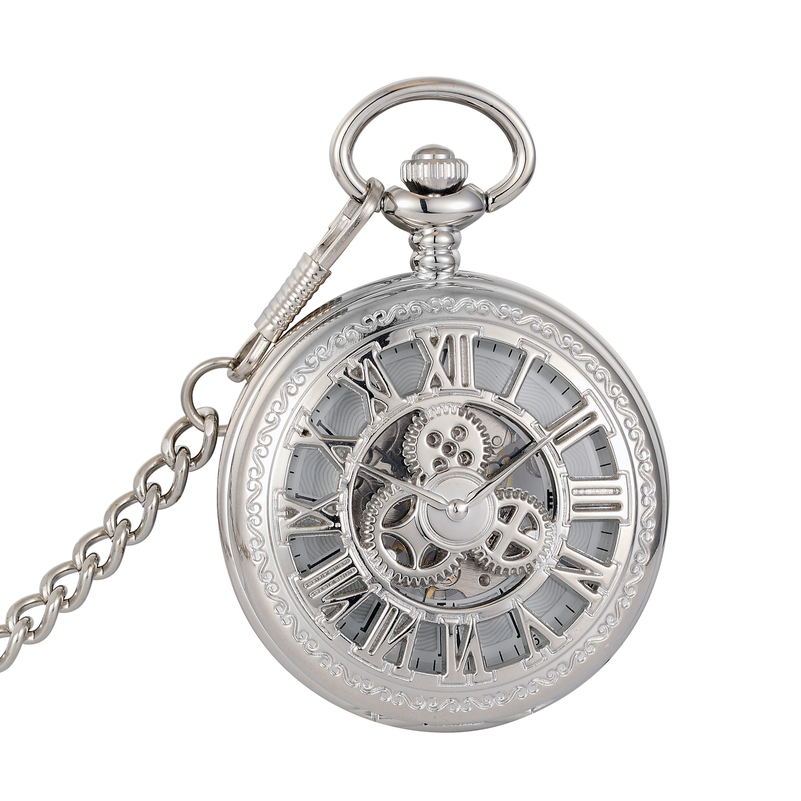 Silver Mechanical Pocket Watch Pane Design Literature Elegant Gold Skeleton Dial
