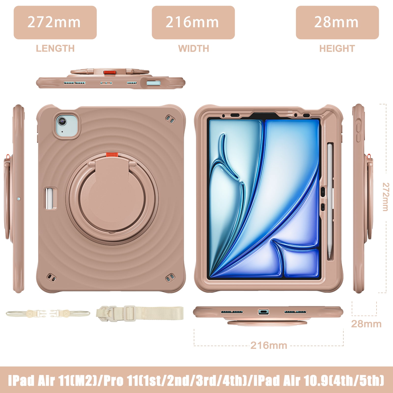 Case for Apple iPad Air 11 (2024) with Stand for Women Men, 360° Rotatable Kickstand Shoulder Strap Pencil Holder Shockproof Protective Back Cover for iPad Air 11 inch Case M2 2024, Latte
