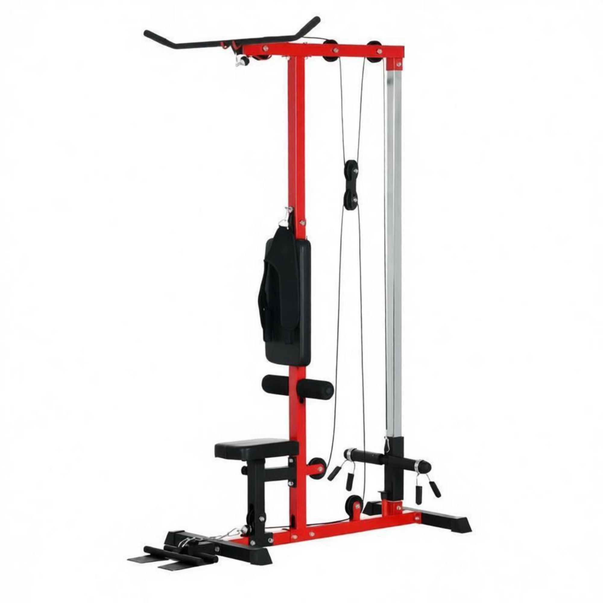 Pull Down Machine with Adjustable Seat And Flip-Up Footplate High/Low Pulley Home Gym Equipment for Upper Body Strength Training Red
