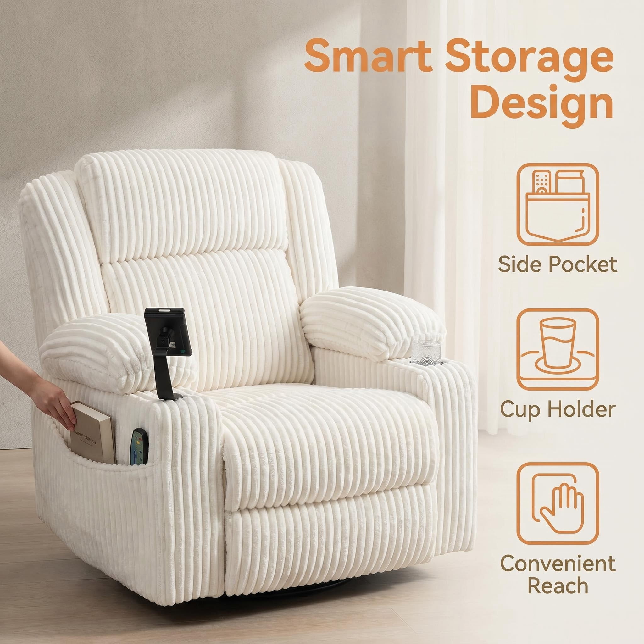 Power Swivel Rocker Recliner Chair for Adults with Massgae and Heat, USB and Type-C Charging Port, Infinite Position, Electric Glider Rocking Chairs for Living Room, Nursery
