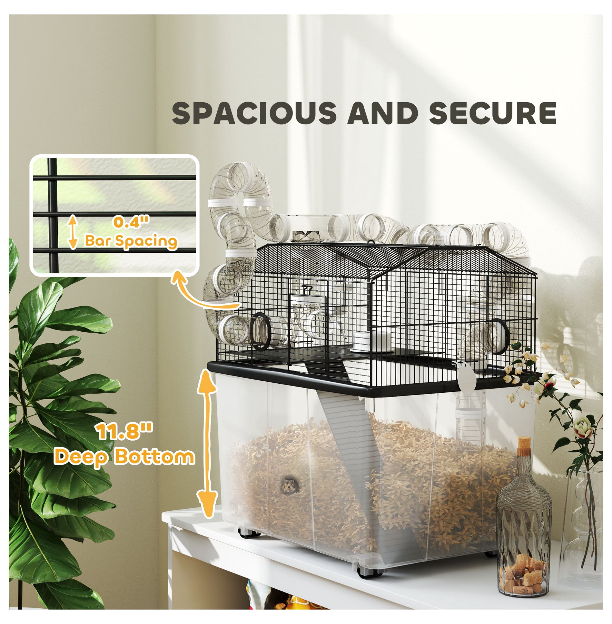 Hamster Cage 2 Tier with Tube System, 23x17x22", Deep Tray, Water Bottle, Ramp, Black
