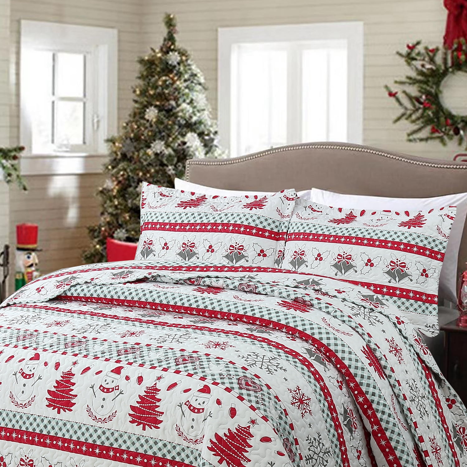 MarCielo 3 Pcs Snowman Christmas Quilt Bedspread Set C89