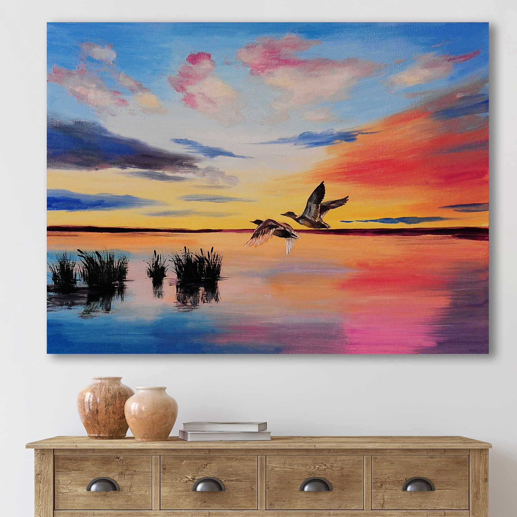 Designart ' Crane Birds Flying During Colorful Sunset ' Nautical & Coastal Canvas Wall Art Print