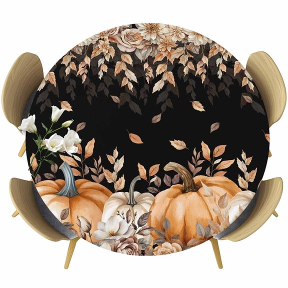 Orange Pumpkins Fall Round Tablecloth, Fitted Table Cover with Elastic for 55"-60" Round Tables, Thanksgiving Botanical Leaves Floral Table Cloth Outdoor Indoor Dinning Party Waterproof Tablecloths