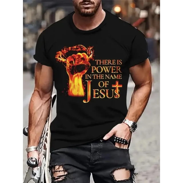 Men'S Inspirational Power Graphic Crew Neck T-Shirt - Cotton Knit Regular Fit Adult All-Season Tee with Digital Print, Short Sleeves for Daily Wear & Casual Occasions, 180 g/m2