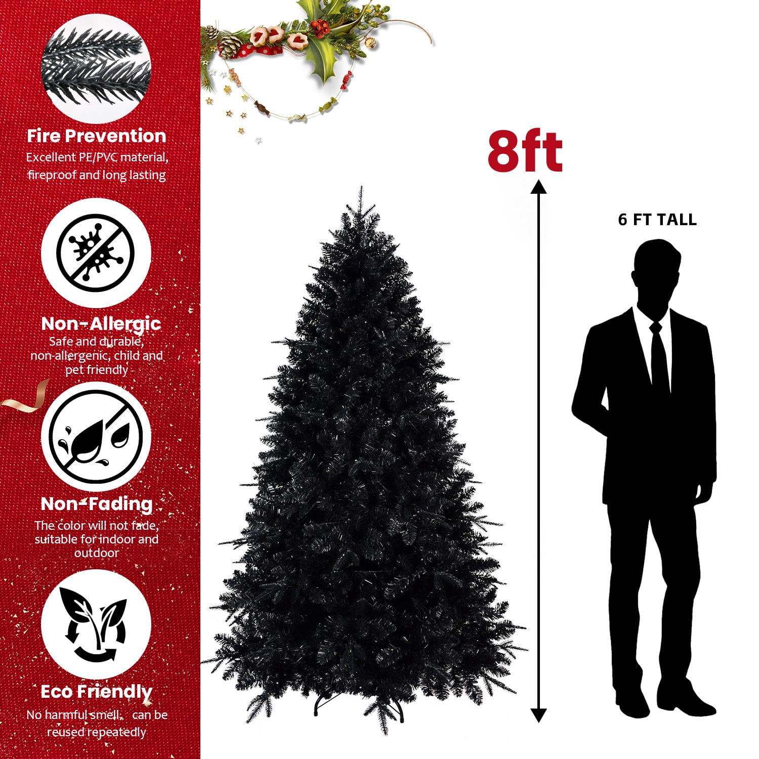 8FT Lighted Artificial Halloween Christmas Tree Black with 600 LEDs 2486 Tips PE+PVC Hinged Structure