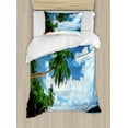 thumbnail image 1 of Beach Duvet Cover Set Twin Size, Paradise Shore On Mahe Island in the Seychelles Palm Trees Jungle Photo, Decorative 2 Piece Bedding Set with 1 Pillow Sham, Green Blue Sand Brown, by Ambesonne, 1 of 3