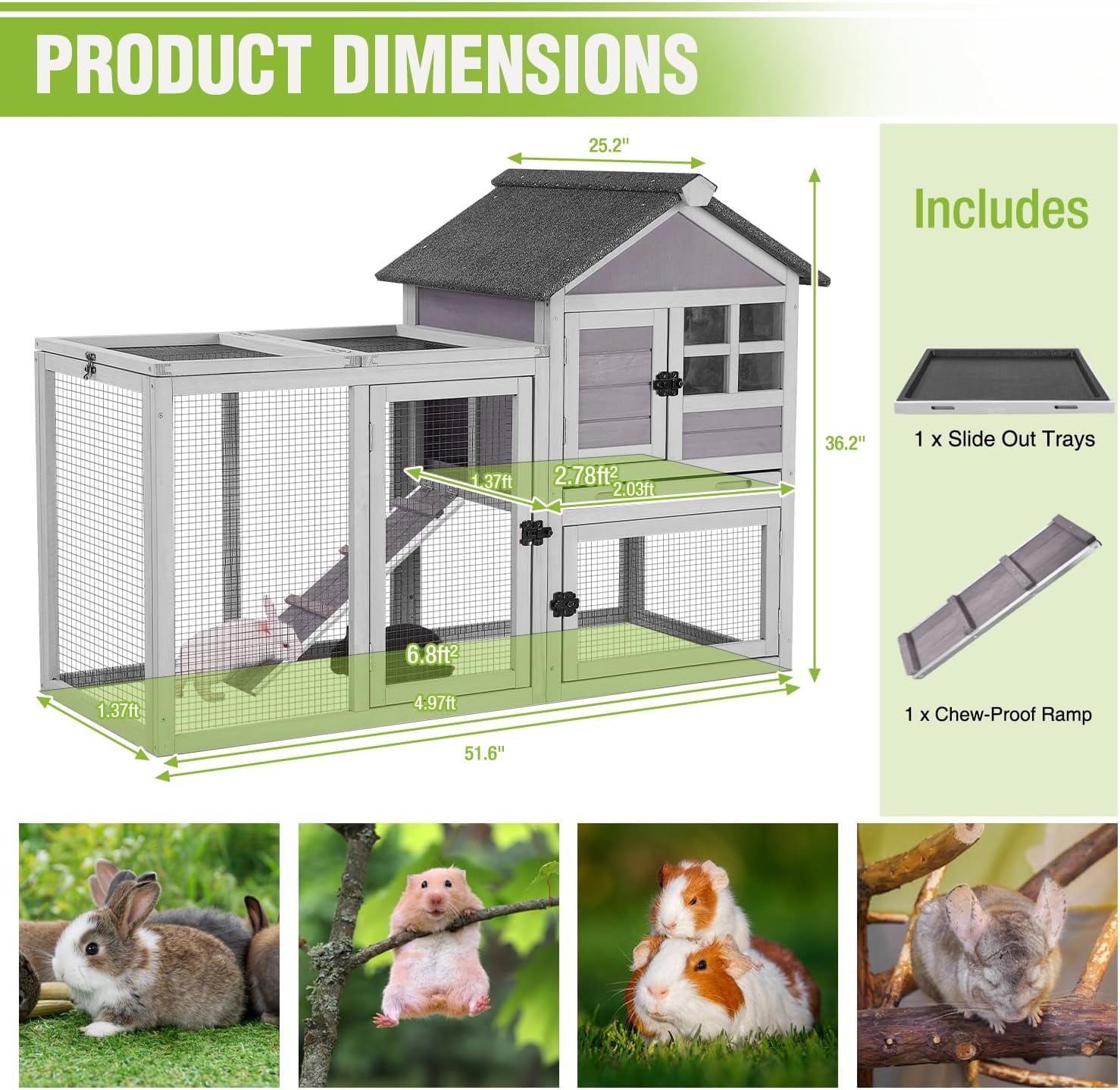 MEDEHOO Large Rabbit Hutch Outdoor 2-Level Wooden Chicken Coop Indoor Weatherproof Bunny Cage Guinea Pig House with Waterproof Roof, Leak-Proof Pull Out Tray, Lockable Door for Small Animals (Grey)