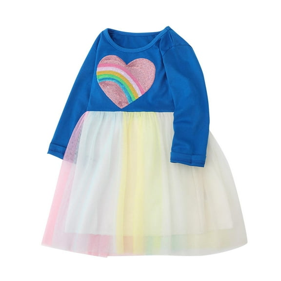 Odeerbi Toddler Girls Rainbow Tulle Dress Spring Valentine's Day Cute Sequin Dresses Fashion Long Sleeve Round Neck Heart Printed Dress Colorful Mesh Dress Toddler Girls Clothes