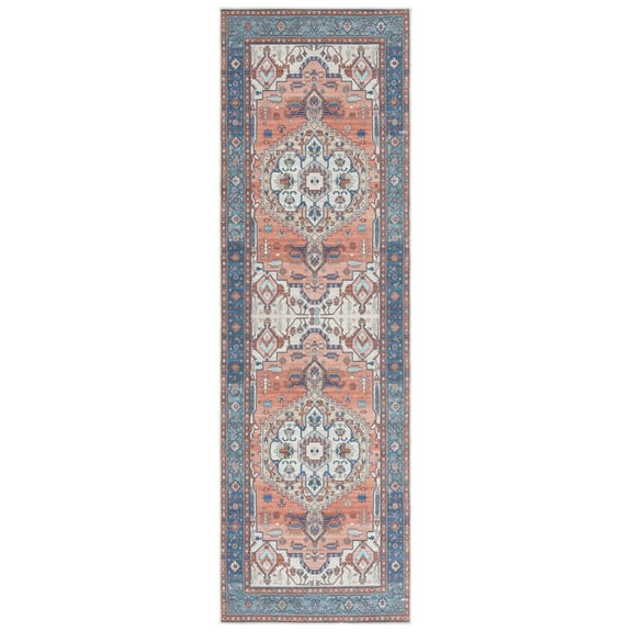SAFAVIEH Arizona Merrilyn Oriental Machine Washable Runner Rug, Rust/Navy, 2'6" x 8'