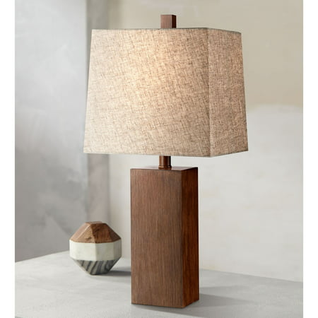 360 Lighting Modern Table Lamp Rectangular Block Wood Textured Tan Fabric Shade for Living Room Family Bedroom Bedside