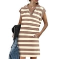 thumbnail image 3 of Cap Sleeve Women Stripe Print V Neck Mini Polo Dress with Pocket, 3 of 6